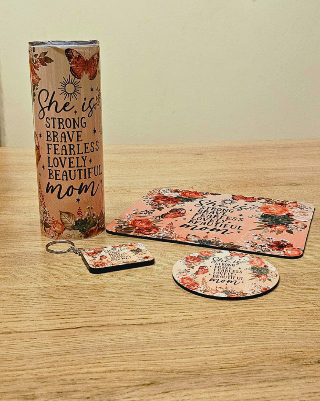 Mom Affirmation Gift Set – Tumbler, Mousepad, Coaster & Keyring