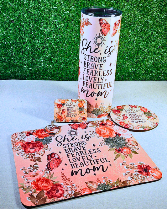 Mom Affirmation Gift Set – Tumbler, Mousepad, Coaster & Keyring